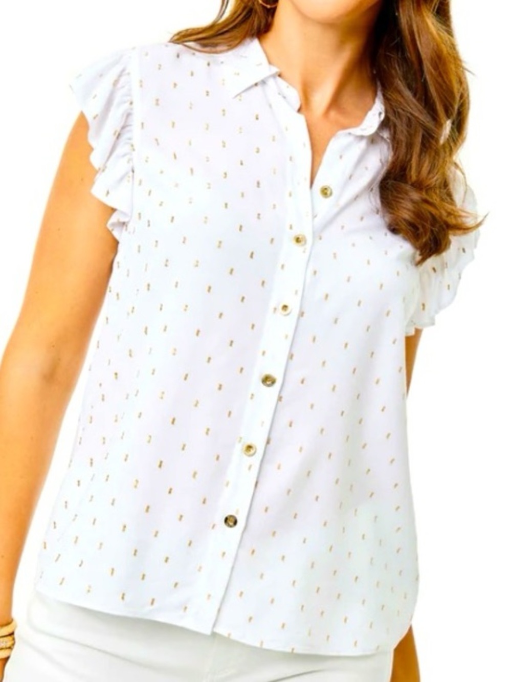 Lilly Pulitzer Branson White Gold Ruffle Button Up Blouse